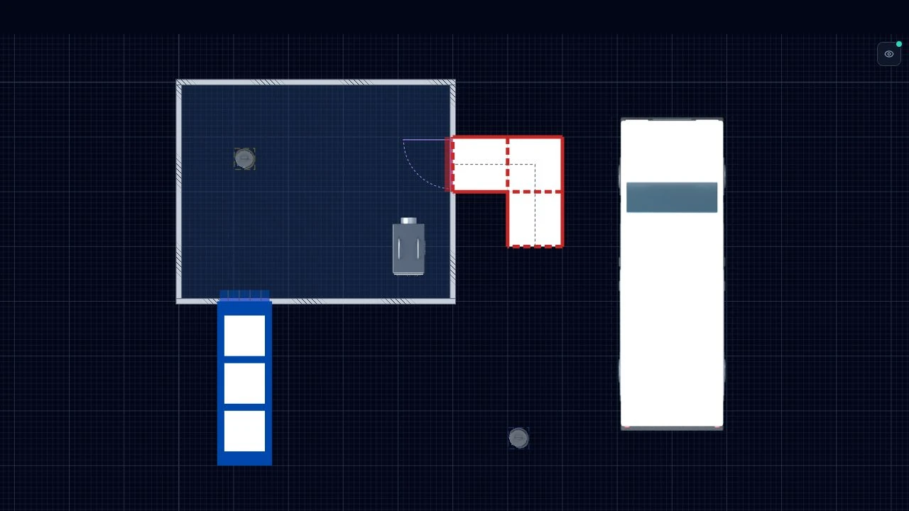 Example room with a straight airlock, dogleg baglock, NPU and panel van in the 2D editor